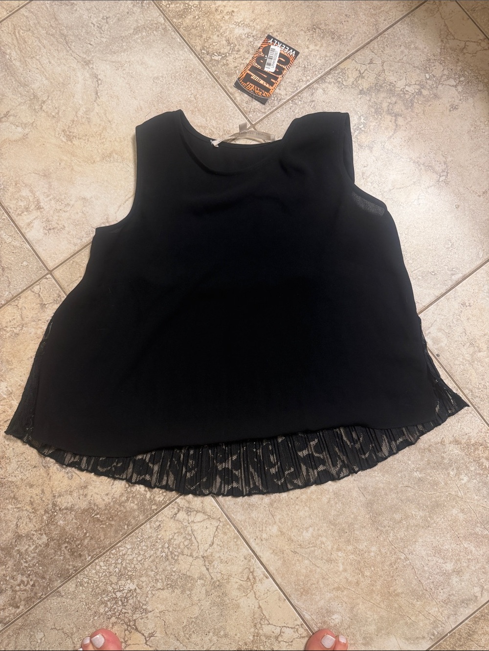RACHEL Rachel Roy Black Sleeveless Camisole with Pleated Lace Hem